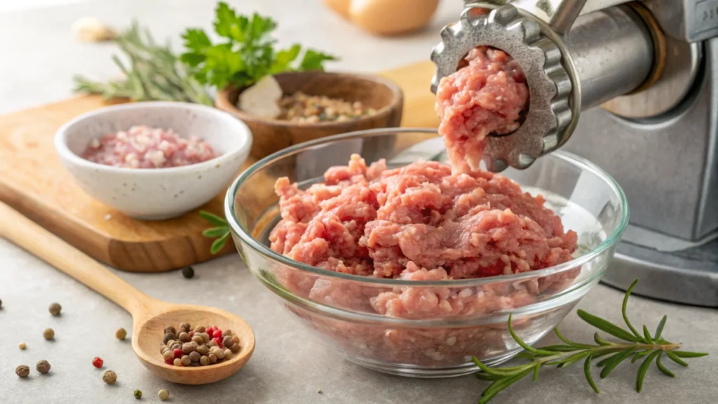 Grinding raw chicken thighs into fresh ground meat using a meat grinder.