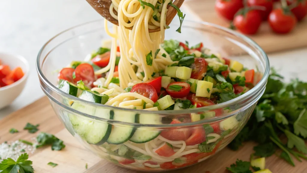 Hands tossing a cucumber tomato pasta salad with dressing and fresh herbs.