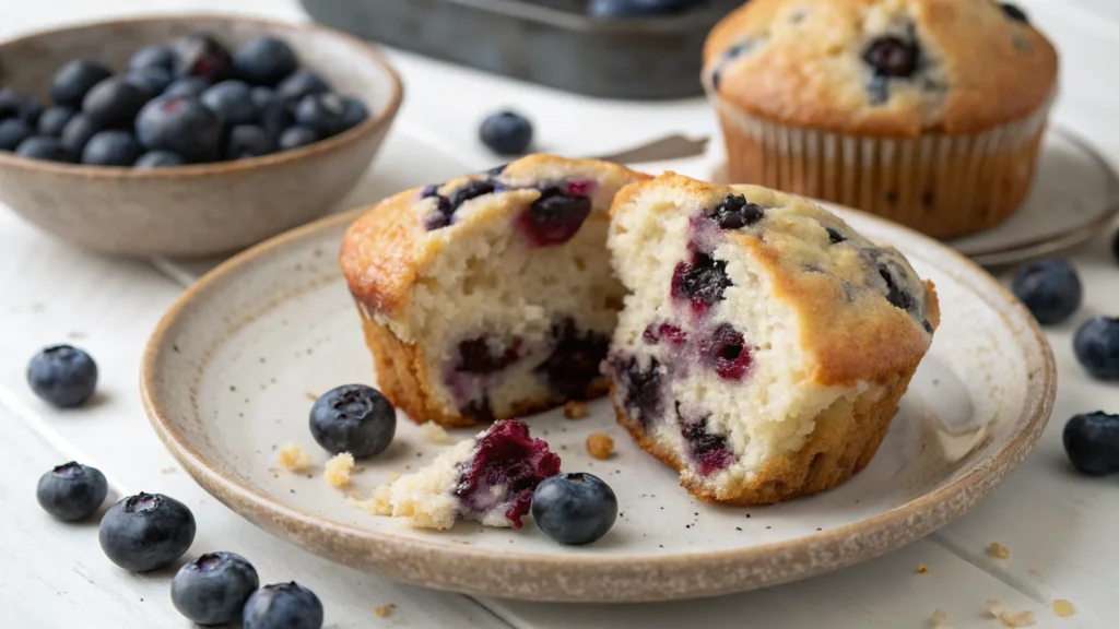 A halved blueberry muffin showing its moist interior.