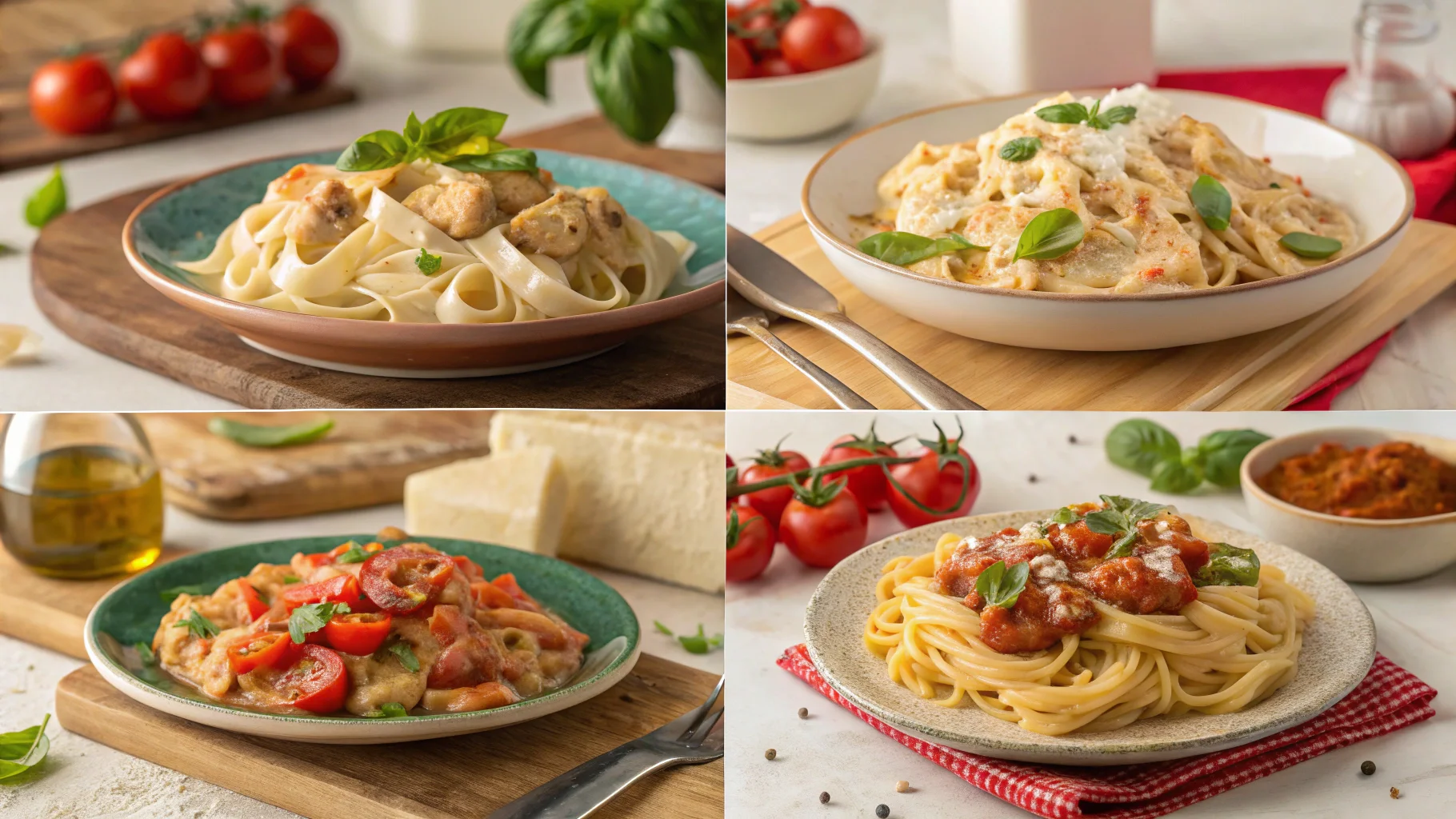 A collage of four pasta con pollo variations, including creamy Alfredo, tomato-based, spicy Mexican, and olive oil versions.