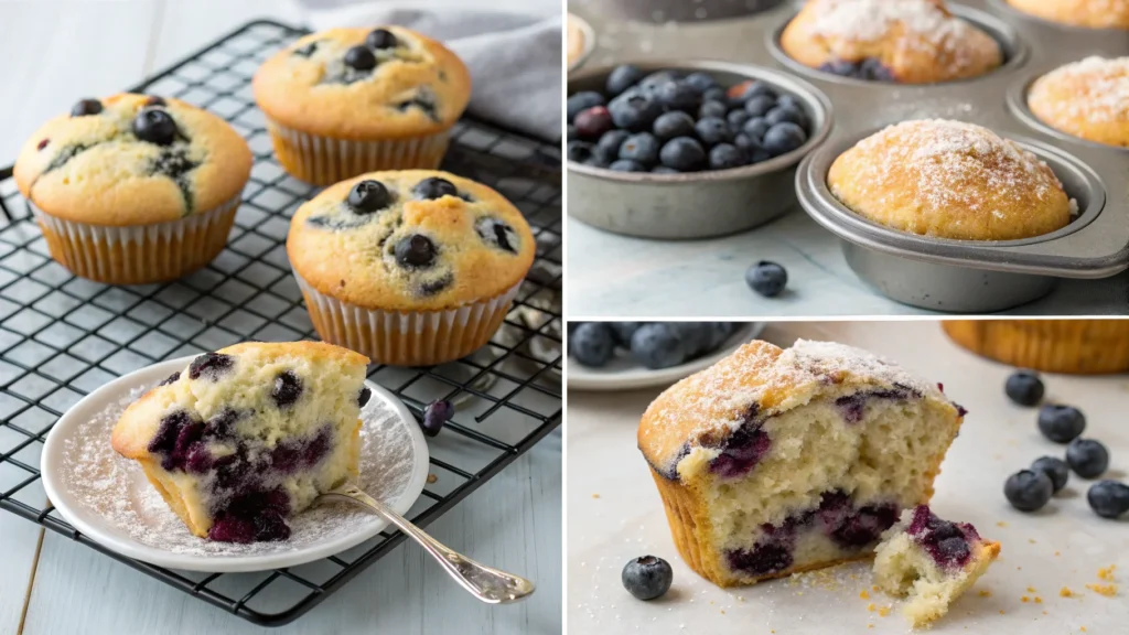 A collage of blueberry muffins from batter to finished bake.