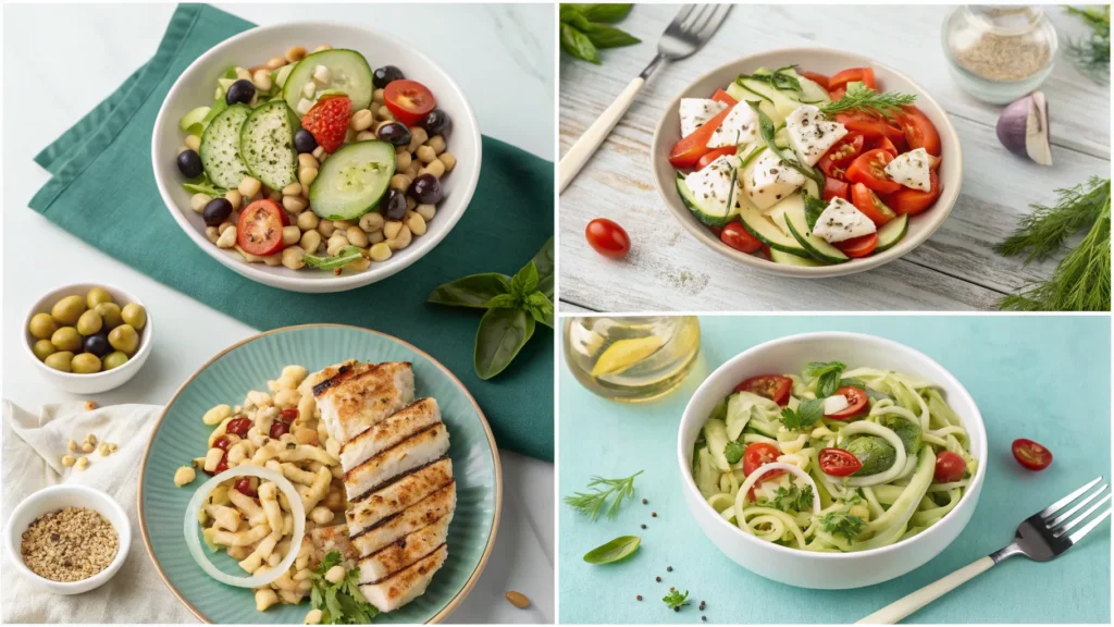 A collage of four pasta salad variations, including Mediterranean, protein-packed, and crunchy versions.
