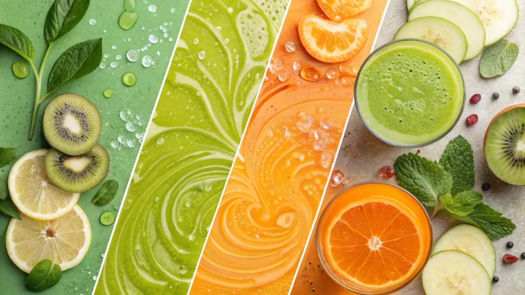 A dynamic collage-style composition with vibrant juice splashes, fresh fruit slices, and abstract detox patterns.