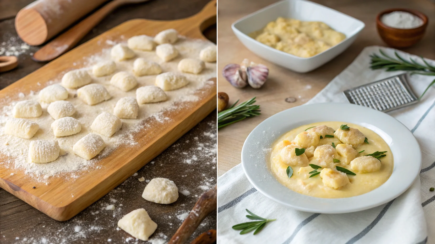 Collage of gnocchi preparation and plated dis