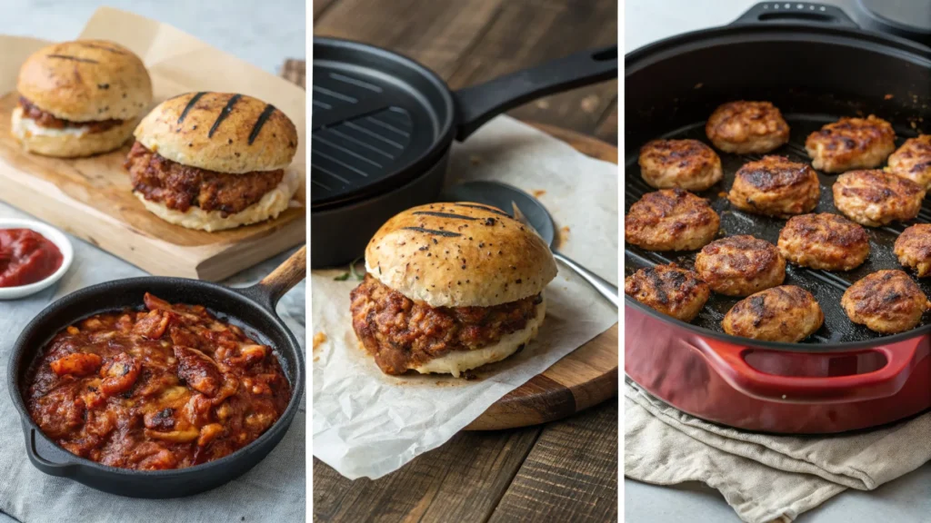 Different cooking methods for ground chicken thighs, including sautéing, grilling, baking, and slow cooking.