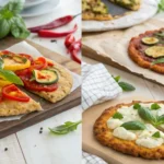 A collage of vegan cauliflower pizza crusts with various toppings, including vegetables, dairy-free cheese, and herbs.