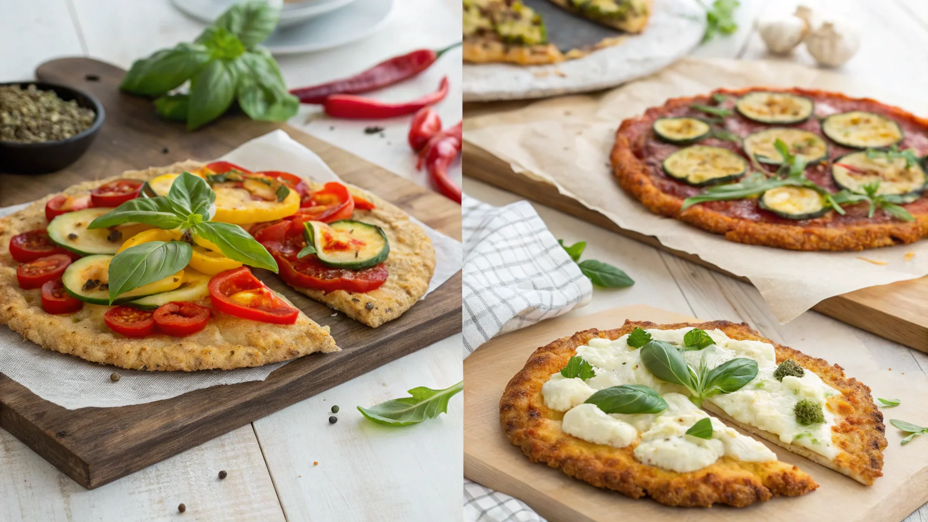 A collage of vegan cauliflower pizza crusts with various toppings, including vegetables, dairy-free cheese, and herbs.