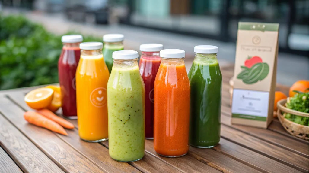 A set of colorful cold-pressed juice bottles placed on a rock, surrounded by green leaves and soft sunlight.