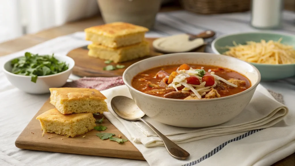 Chicken taco soup served with cornbread and a lime drink