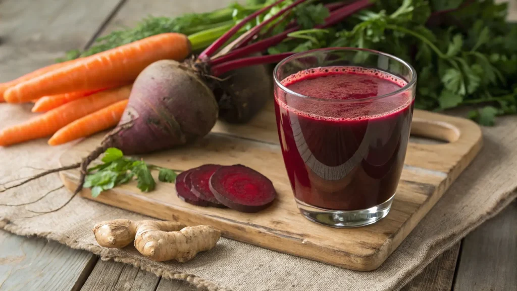 Deep red beetroot detox juice in a glass with fresh beets and carrots