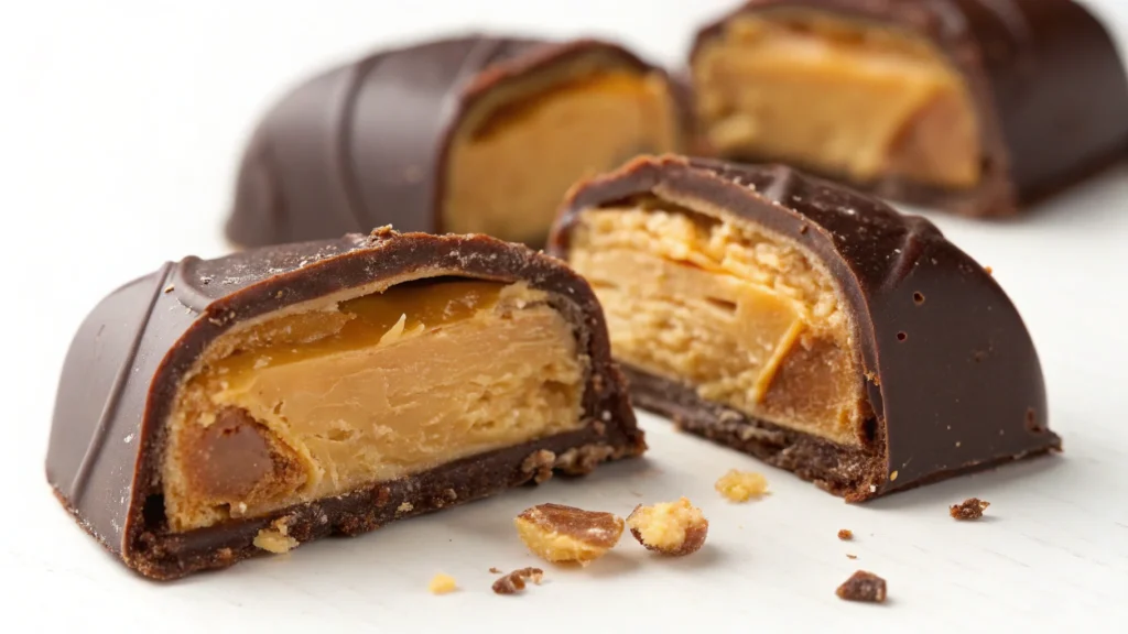 Butterfinger broken in half, showing its flaky peanut butter layers