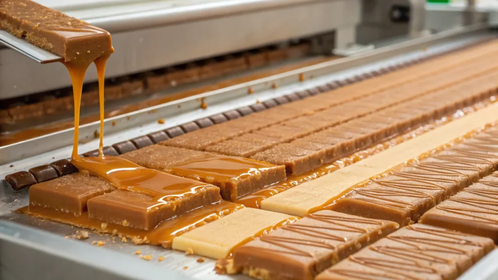 Butterfinger candy-making process showing caramelized sugar layers