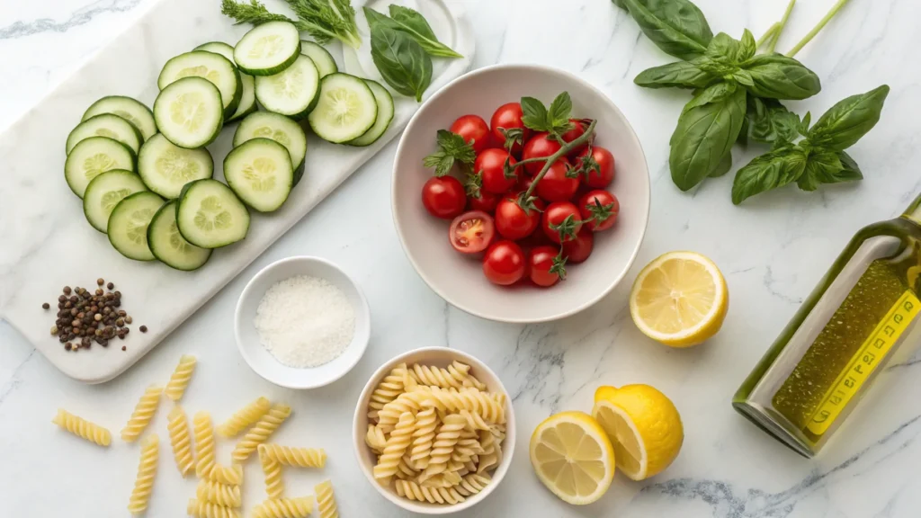 A flat-lay of fresh ingredients including cucumbers, tomatoes, pasta, olive oil, and basil.