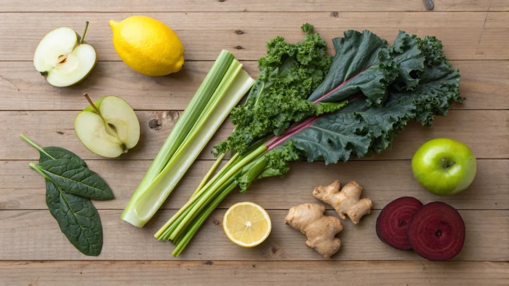 A flat-lay image of fresh juice cleanse ingredients like kale, lemon, ginger, beets, and apples, arranged on a wooden surface.