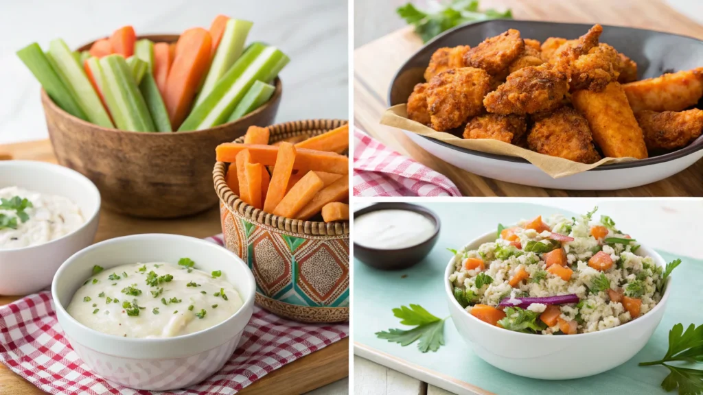 A collage of side dishes that pair well with cauliflower wings, including celery sticks, fries, coleslaw, and quinoa salad.