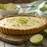 A freshly baked key lime pie with a golden graham cracker crust, creamy filling, and lime zest garnish on a rustic wooden table.