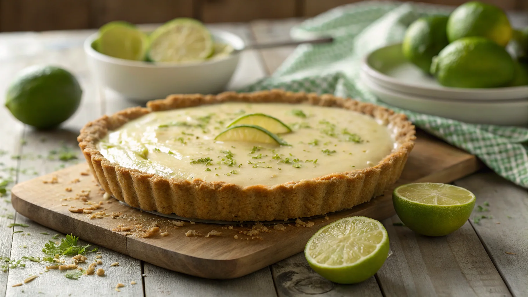 A freshly baked key lime pie with a golden graham cracker crust, creamy filling, and lime zest garnish on a rustic wooden table.