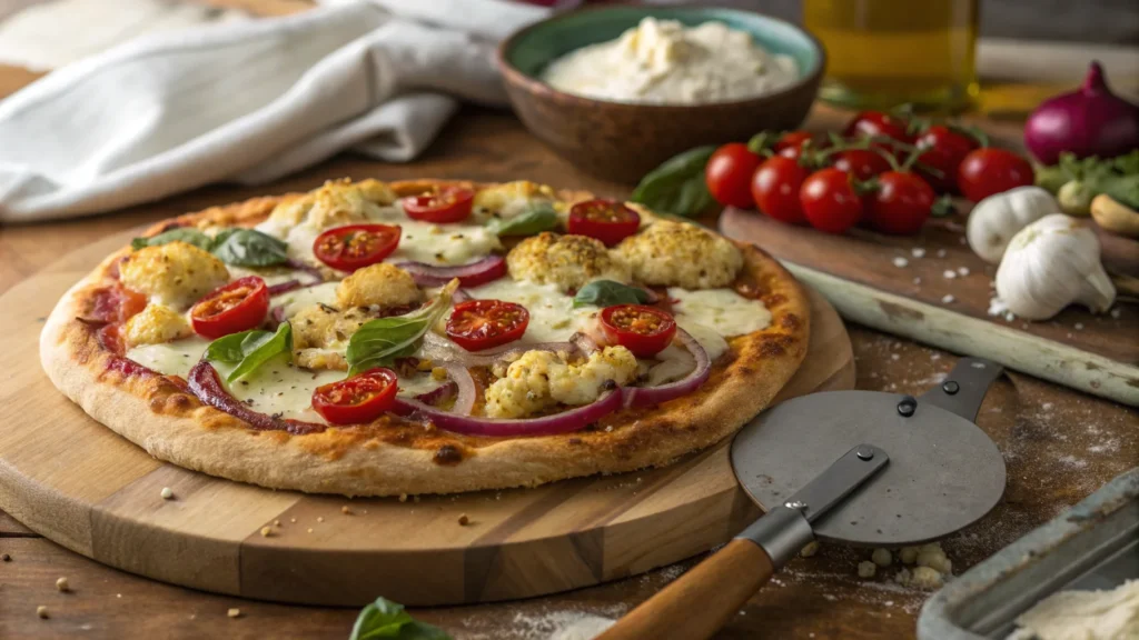 A freshly baked vegan cauliflower pizza topped with roasted vegetables, basil, and dairy-free cheese on a wooden board.