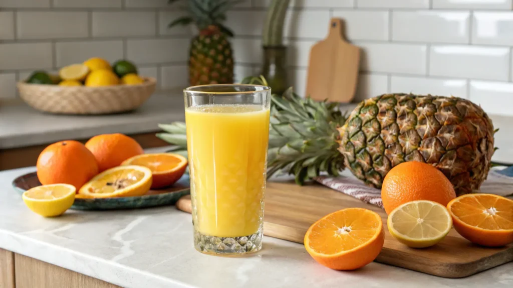 Fresh citrus juice with oranges, lemons, and pineapples on a kitchen counter