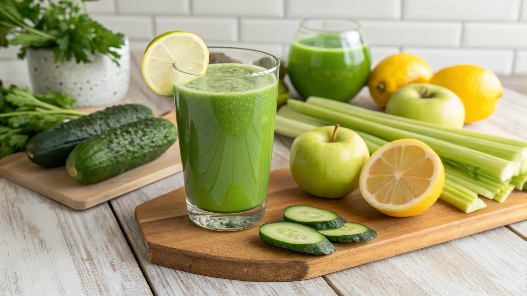 Fresh green detox juice with fruits and vegetables on a wooden table