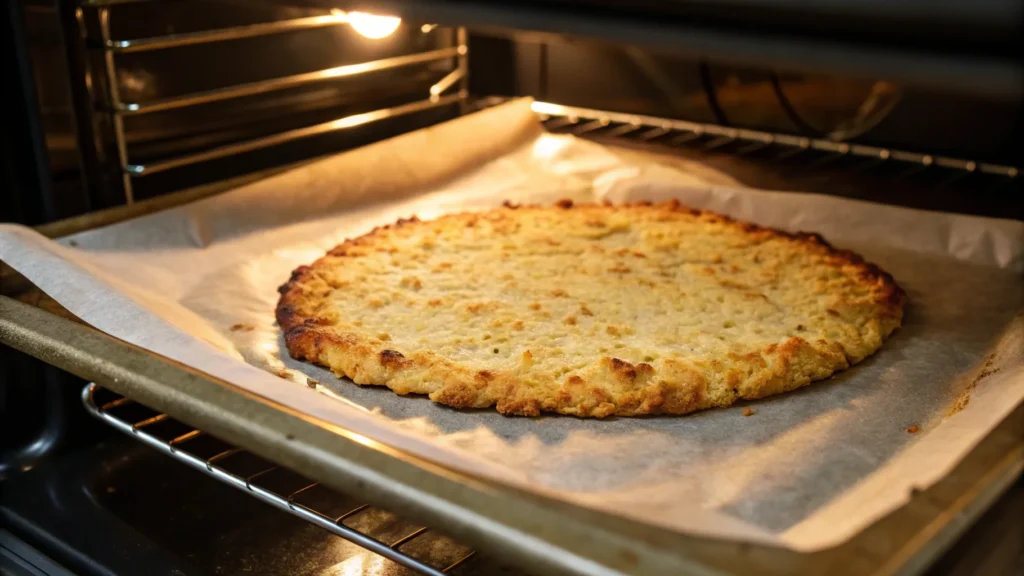 A golden-brown vegan cauliflower pizza crust baking in an oven on a parchment-lined tray.