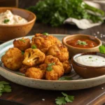 A plate of crispy, golden-brown cauliflower wings with dipping sauces.