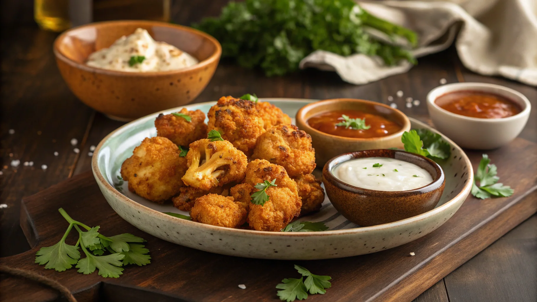 A plate of crispy, golden-brown cauliflower wings with dipping sauces.