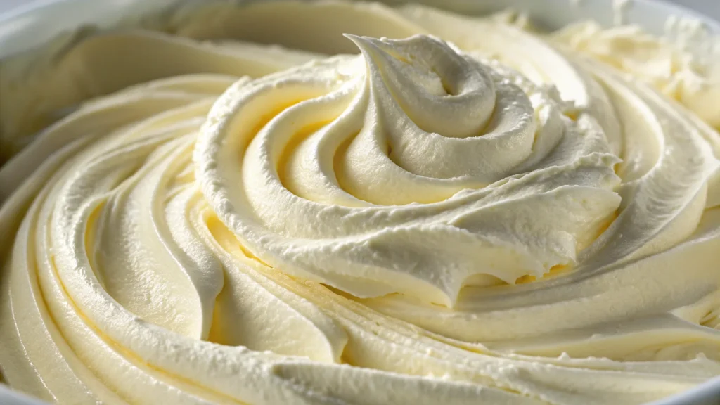 Close-up of whipped buttercream with soft peaks.