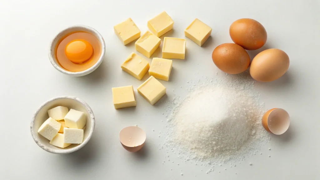 Butter, eggs, and sugar arranged for buttercream preparation.