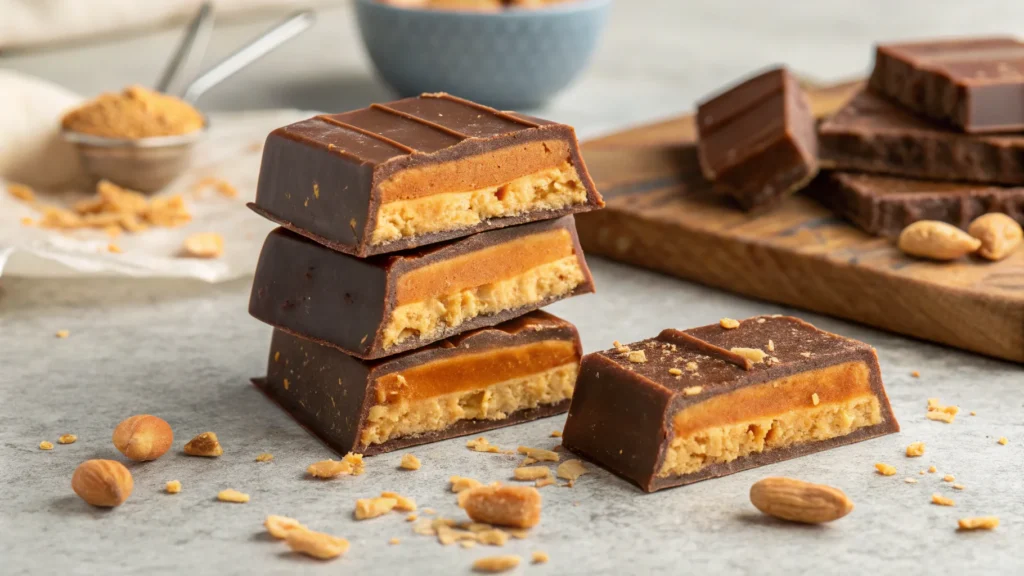 Layers of orange peanut butter brittle used in Butterfinger’s filling before chocolate coating.