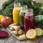 A realistic still-life of cold-pressed juice bottles with fresh kale, lemon, ginger, apples, and beets on a rustic wooden table.