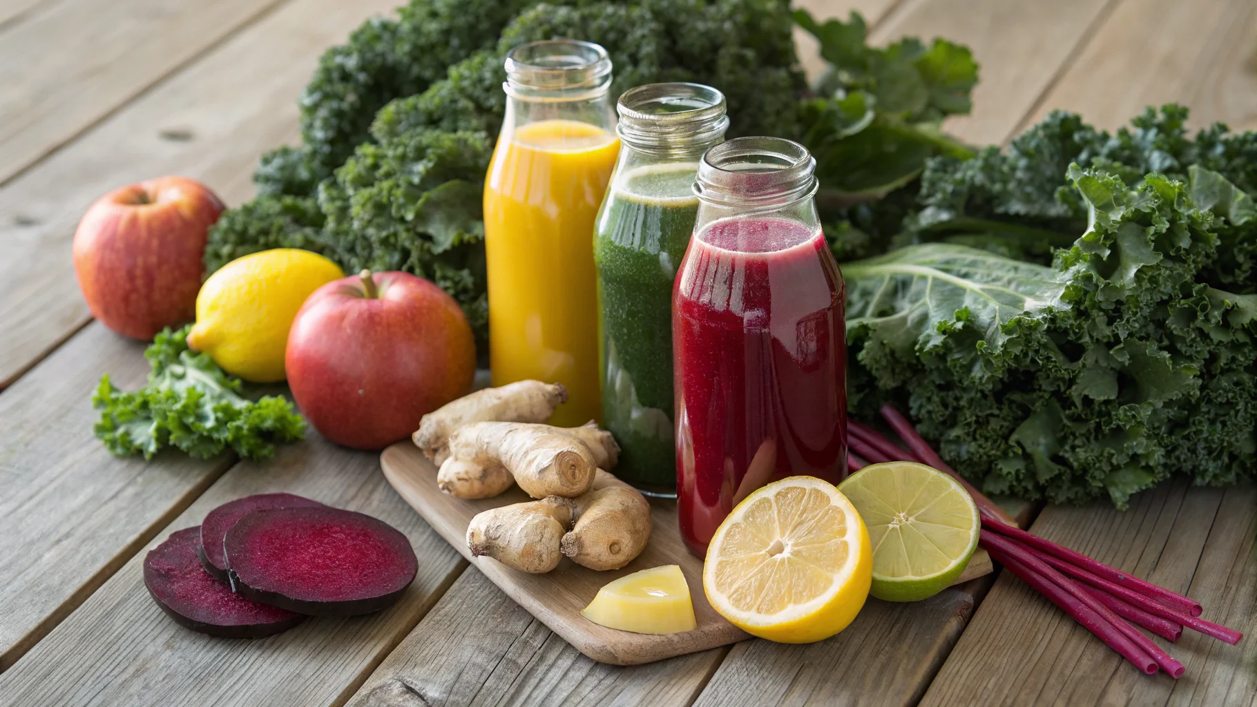 A realistic still-life of cold-pressed juice bottles with fresh kale, lemon, ginger, apples, and beets on a rustic wooden table.