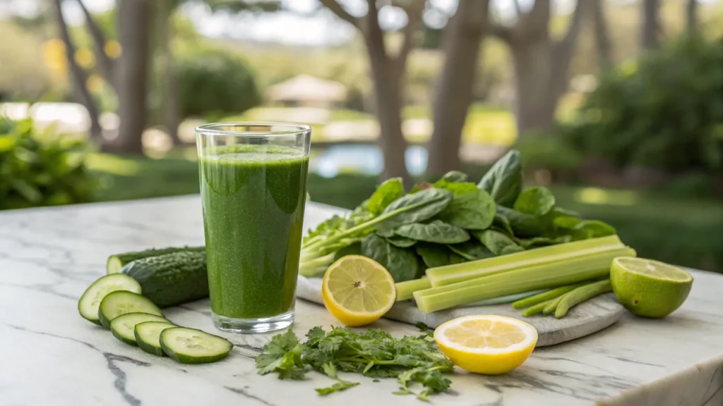 Green detox juice with fresh ingredients for weight loss.