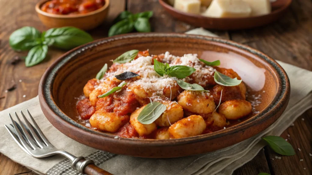 Plated gnocchetti pasta with tomato sauce and basil garnish