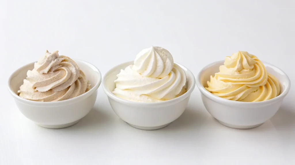 Different types of buttercream for Russian piping tips.