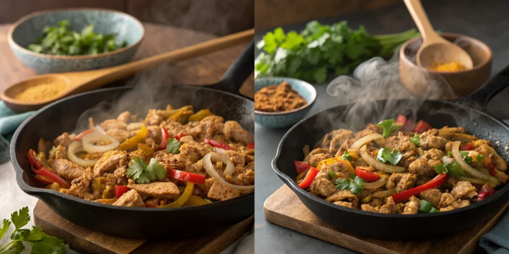 Ground chicken cooking with vegetables and spices in a skillet