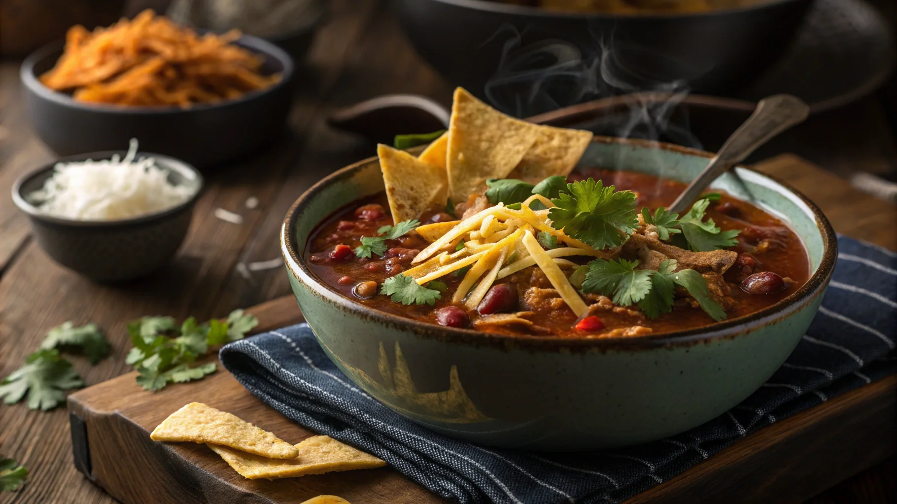 Steaming bowl of chicken taco soup with cheese and tortilla strips