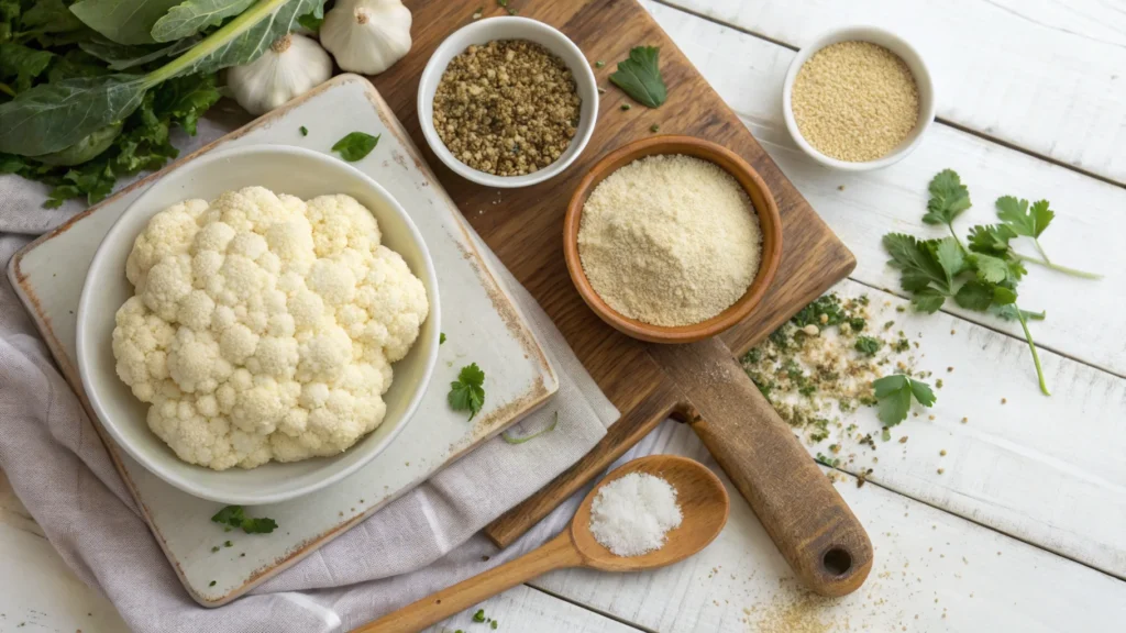 A top-down view of fresh cauliflower, almond flour, flaxseeds, garlic, and nutritional yeast on a rustic wooden surface.