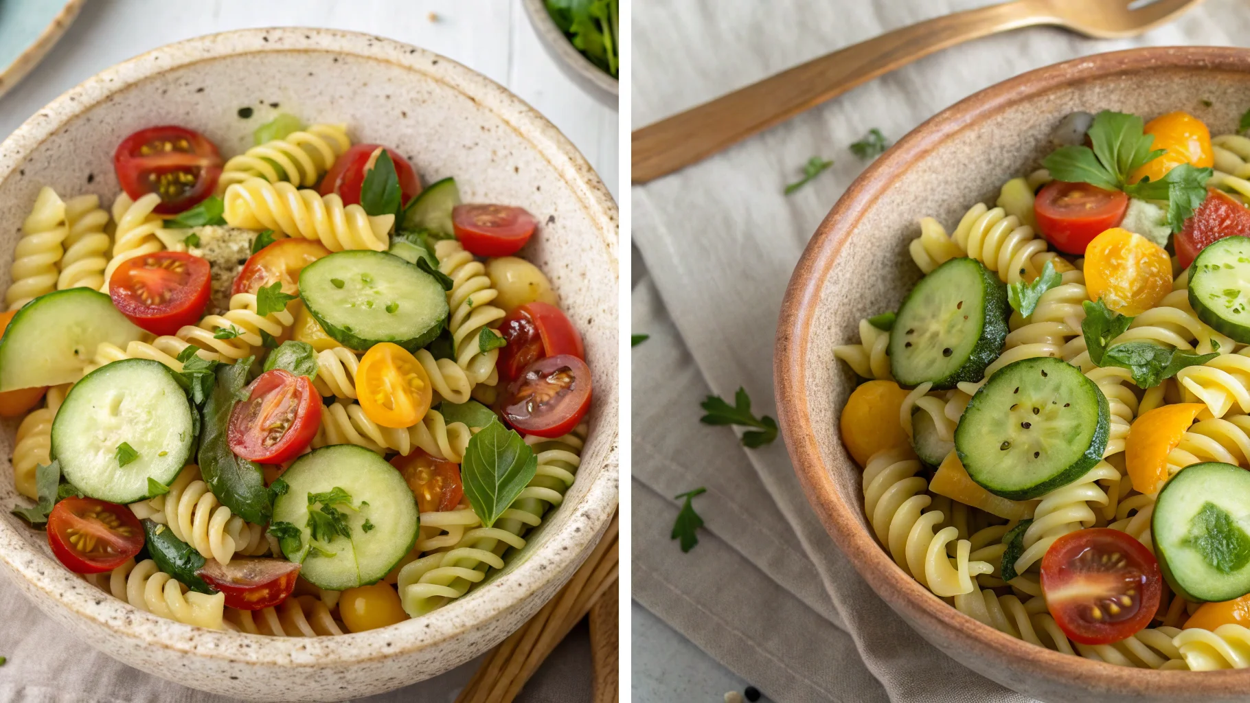 A bowl of cucumber tomato pasta salad with fresh basil and olive oil.