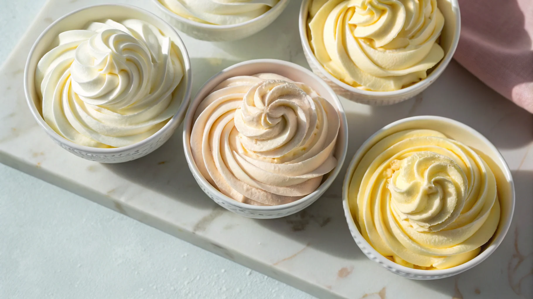 Assorted buttercream frostings in bowls with creamy textures.