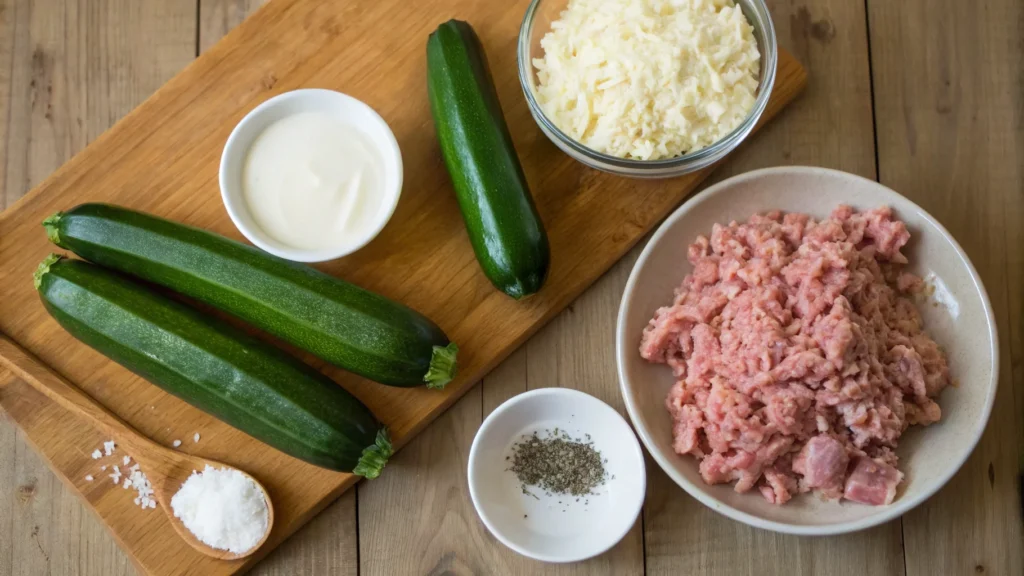 Olive oil, yogurt, chicken broth, and grated zucchini on a kitchen counter as moisture-boosting ingredients for ground chicken.