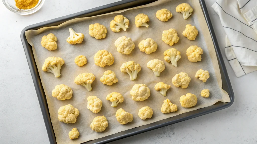 Battered cauliflower florets arranged on a parchment-lined baking sheet.