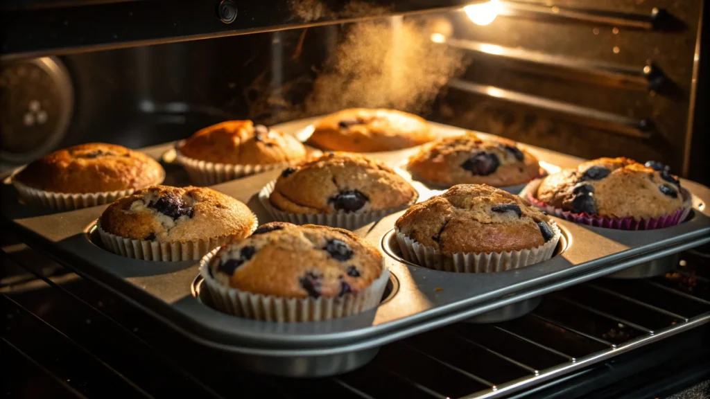 Blueberry muffins rising in the oven.