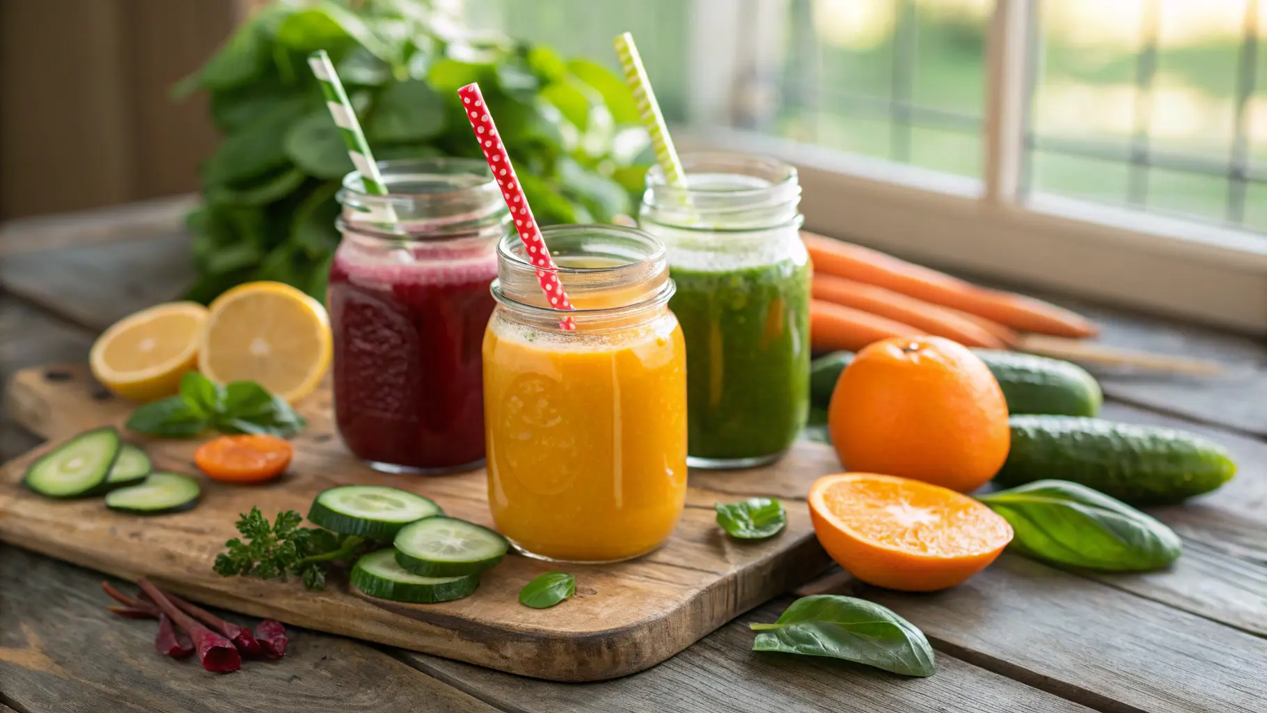 Fresh juice bottles with fruits and vegetables for a 3-day juice cleanse.