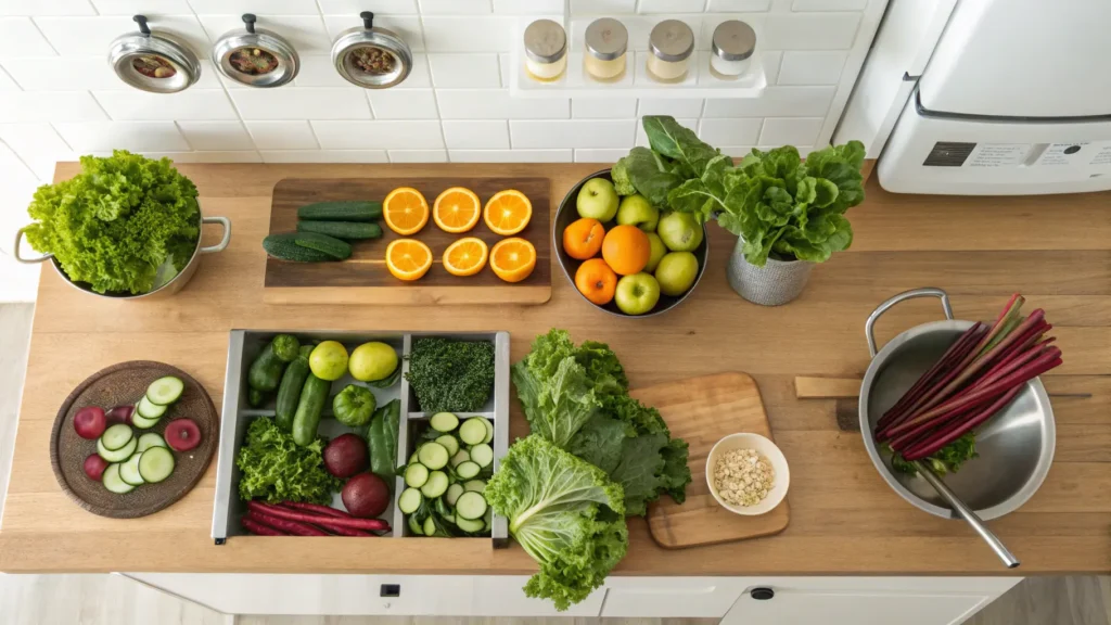 Assorted fresh fruits and vegetables laid out for a juice cleanse