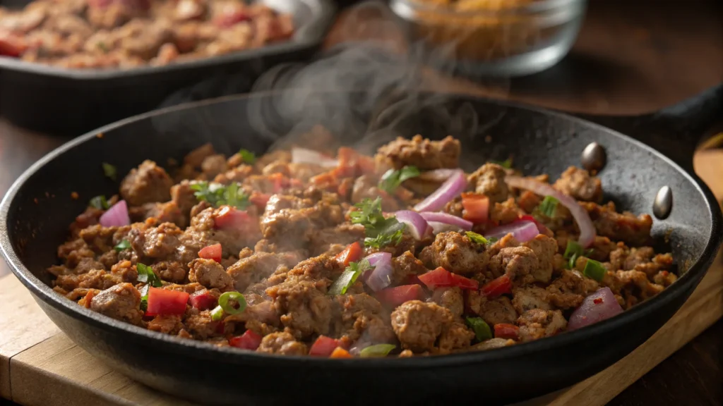 Browning ground chicken with Mexican spices in a skillet