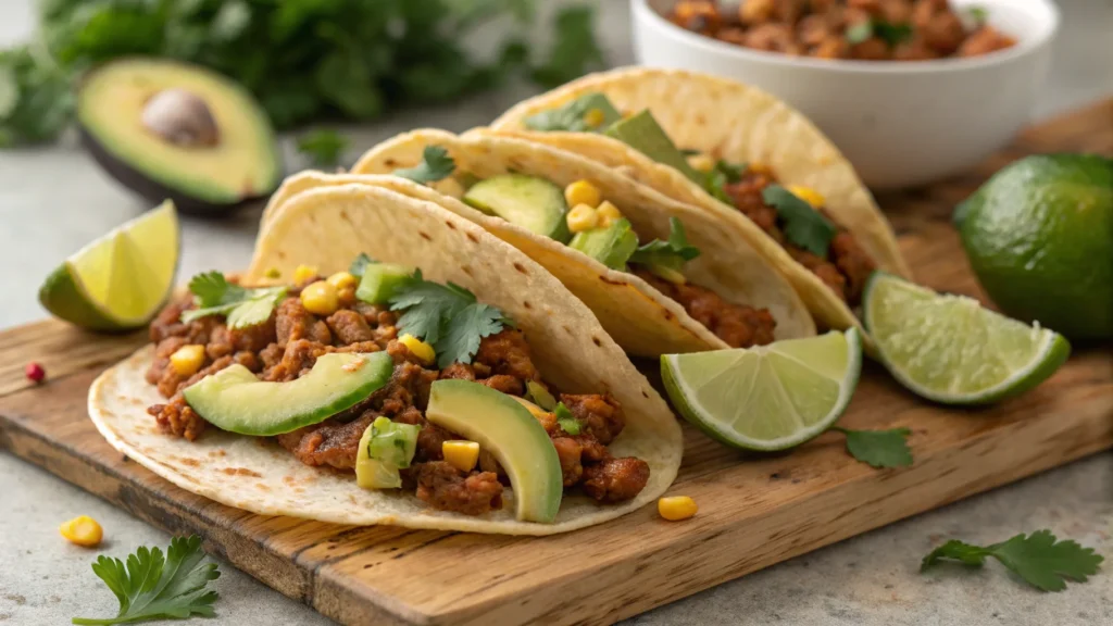 Mexican ground chicken and corn tacos with avocado