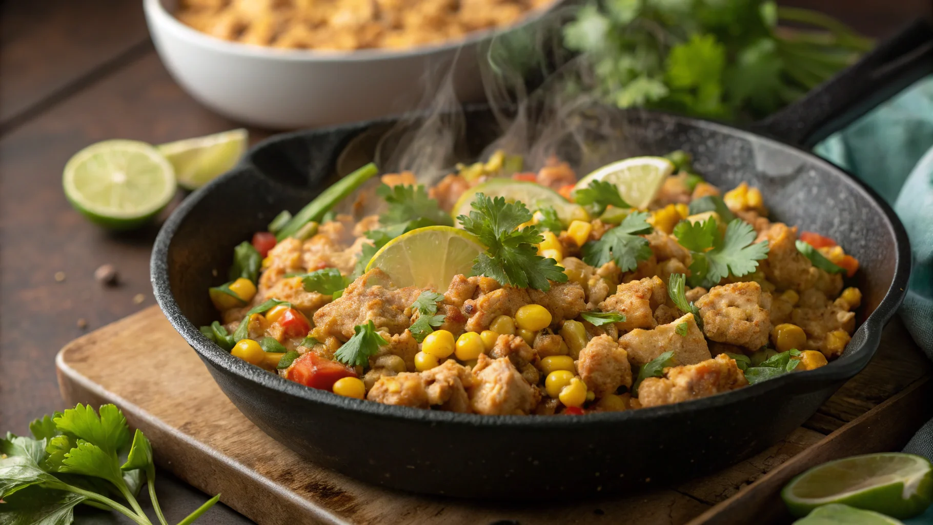 Juicy Mexican ground chicken and corn in a skillet