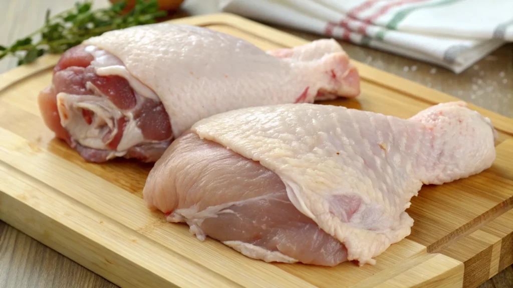 Raw chicken thighs and chicken breasts on a wooden board, showing the difference in fat content