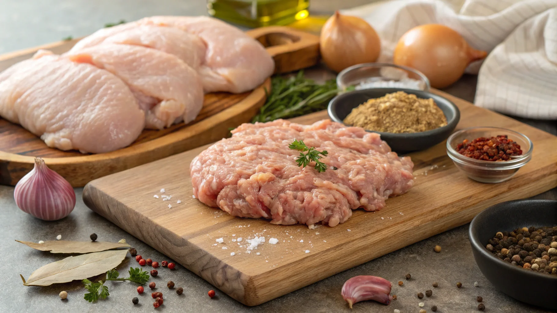 Freshly ground chicken thigh meat on a wooden cutting board with seasonings and whole chicken thighs